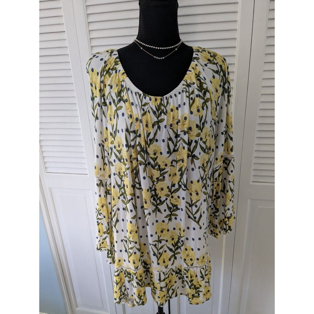 Fever Peasant Top Women 3X Bell Sleeve Yellow Floral Polkadot Babydoll Blouse
